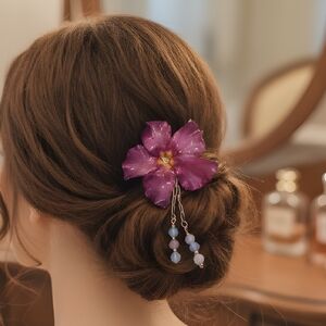 #406 HAND CRAFTED Hairclip handcrafted Flower Resin Red Beige Blue Purple Glass